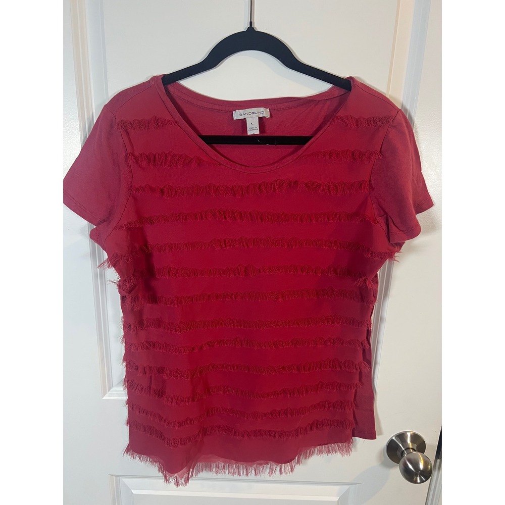 Bandolino Womens T-Shirt Fringe Tiers Red Large